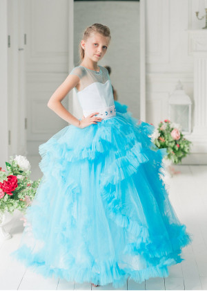 Cap Sleeves Blue Tulle Clouds Ruffled Flower Girl Dress